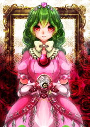 Rule 34 | 1girl, alternate costume, bad id, bad pixiv id, beads, clock, collar, crystal, dress, eyebrows, floral background, flower, framed, frilled collar, frilled shirt collar, frills, gem, gloves, green hair, heart, holding, holding flower, kazami yuuka, lace-trimmed sleeves, lace trim, looking at viewer, octahedron, pink dress, puffy short sleeves, puffy sleeves, pyramid (geometry), red eyes, red flower, red rose, roman numeral, rose, shanghai bisu, short hair, short sleeves, smile, solo, tetrahedron, tiara, touhou, upper body, wavy hair, white gloves