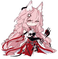 Rule 34 | 1girl, animal ears, arknights, arrow (projectile), ascot, banbon, bare shoulders, black bra, black gloves, bra, braid, chibi, cowboy shot, elbow gloves, extra ears, gloves, hair ornament, highres, long hair, looking at viewer, pink eyes, pink hair, pozyomka (arknights), red ribbon, red skirt, ribbon, simple background, skirt, solo, underwear, very long hair, white ascot, white background, wolf ears, wolf girl