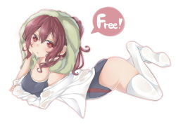 Rule 34 | 10s, 1girl, competition school swimsuit, competition swimsuit, copyright name, crossed ankles, free!, gakincho, long hair, lying, matsuoka gou, on stomach, one-piece swimsuit, parka, ponytail, red eyes, red hair, school swimsuit, shirt, solo, swimsuit, thighhighs, towel, towel on head, white shirt, white thighhighs