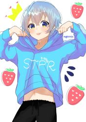 Rule 34 | 1boy, :p, artist name, black pants, blue eyes, blue hair, blue hoodie, clothes lift, clothes writing, colon (stpri), hair between eyes, highres, hood, hoodie, maguro8345, male focus, multicolored eyes, multicolored hair, navel, pants, pulling own clothes, shirt lift, solo, stomach, strawberry prince, tongue, tongue out, white background