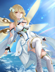 Rule 34 | 1girl, absurdres, alternate wings, armor, bare shoulders, blonde hair, blue sky, boots, breasts, cleavage, cloud, cowboy shot, detached sleeves, dress, elbow gloves, feather hair ornament, feathers, fingerless gloves, floating, flower, genshin impact, gloves, gold trim, hair between eyes, hair flower, hair ornament, high heel boots, high heels, highres, leg up, light rays, lily (flower), looking at viewer, lumine (genshin impact), medium breasts, outdoors, parted lips, partially fingerless gloves, pink lips, rainbow, scarf, short hair, short hair with long locks, sidelocks, sidraxiii, sky, sleeveless, sleeveless dress, smile, solo, sunlight, thigh boots, vambraces, white armor, white dress, white flower, white footwear, white gloves, white scarf, white sleeves, wings, yellow eyes