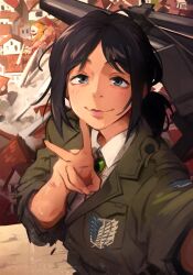 Rule 34 | 1girl, absurdres, blush, building, collared shirt, green jacket, grey eyes, hand up, highres, jacket, jaw titan, khyle., looking at viewer, pieck finger, shingeki no kyojin, shirt, smile, titan (shingeki no kyojin), upper body, v, white shirt