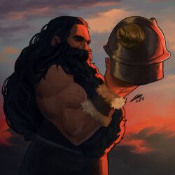Rule 34 | 1boy, bara, beard, black hair, cloud, commentary, covered mouth, cowboy shot, dungeon meshi, dwarf, english commentary, facial hair, fake horns, fingernails, from side, fur trim, hair slicked back, hand up, helmet, highres, holding, holding helmet, horned helmet, horns, long beard, long hair, looking to the side, male focus, muscular, muscular male, mustache, nature, nurve26, senshi (dungeon meshi), signature, sky, sleeveless, solo, twilight, unworn headwear, unworn helmet, upper body, vambraces