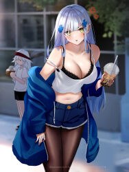 Rule 34 | 2girls, bare shoulders, black bra, black pantyhose, blunt bangs, bra, breasts, bubble tea, camisole, casual, cleavage, closed eyes, crop top, cup, denim, denim shorts, drinking straw, facial mark, g11 (girls&#039; frontline), girls&#039; frontline, green eyes, grey hair, highres, hk416 (girls&#039; frontline), holding, holding cup, jacket, ksartworks, lace, lace-trimmed bra, lace trim, large breasts, long hair, messy hair, multiple girls, navel, off shoulder, open clothes, open jacket, pantyhose, pantyhose under shorts, shirt, shorts, standing, strap slip, teardrop, teardrop facial mark, teardrop tattoo, underwear, white camisole, white hair, white shirt