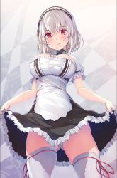 Rule 34 | 1girl, anchor choker, apron, azur lane, black dress, blush, breasts, choker, closed mouth, clothes lift, commentary request, dress, dress lift, eyes visible through hair, frilled dress, frills, from below, gluteal fold, hair between eyes, hairband, highres, lace-trimmed hairband, lace trim, large breasts, lifting own clothes, lips, looking at viewer, looking down, nakazawa aki, panties, puffy short sleeves, puffy sleeves, red eyes, red ribbon, ribbon, short hair, short sleeves, sidelocks, silver hair, sirius (azur lane), solo, standing, thighhighs, underwear, waist apron, white apron, white hairband, white panties, white thighhighs