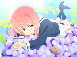 Rule 34 | 1girl, abstract background, blue socks, blurry, crossed legs, depth of field, flower, flower bed, hydrangea, kurai nao, legs up, long sleeves, looking up, lying, miniskirt, no shoes, on stomach, original, own hands together, pink hair, pleated skirt, red eyes, school uniform, skirt, snail, socks, solo, white skirt