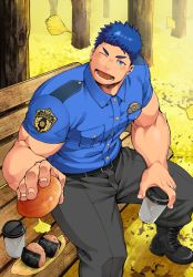 Rule 34 | 1boy, :d, autumn leaves, bara, blue hair, blush, commission, highres, incoming food, large pectorals, male focus, muscular, muscular male, naop (anything), on bench, open mouth, original, pectorals, police, police uniform, policeman, second-party source, shirt, short hair, sideburns, sitting, smile, solo, thick thighs, thighs, tight clothes, tight shirt, uniform