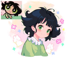 Rule 34 | 1girl, black hair, blouse, buttercup (ppg), buttercup redraw challenge (meme), closed mouth, frilled shirt, frills, green eyes, green pajamas, green shirt, highres, looking at viewer, meme, messy hair, minj kim, multicolored background, pajamas, powerpuff girls z, reference inset, screencap inset, shirt, short hair, smile