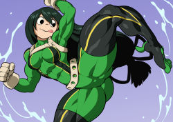 Rule 34 | 1girl, :p, abs, ass, asui tsuyu, belt, bodysuit, boku no hero academia, breasts, closed mouth, curvy, female focus, gloves, green hair, impossible clothes, jumping, long hair, looking to the side, medium breasts, muscular, muscular female, pokkuti, solo, spread legs, tongue, tongue out, white gloves