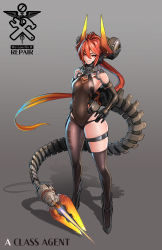 Rule 34 | 1girl, absurdres, arm at side, bad id, bad pixiv id, barcode, bare shoulders, blowtorch, breasts, commentary request, elbow gloves, full body, gloves, gradient background, grey background, grin, hand on own hip, headgear, highres, horns, korean commentary, long hair, looking at viewer, mechanical tail, original, platina1945, ponytail, red eyes, red hair, shadow, shoulder pads, single thighhigh, skin tight, skindentation, small breasts, smile, solo, tail, thigh strap, thighhighs, tsurime, very long hair