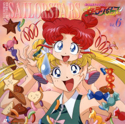 Rule 34 | 1990s (style), 2girls, :d, anger vein, artist name, bishoujo senshi sailor moon, bishoujo senshi sailor moon sailor stars, bishoujo senshi sailor moon stars, blonde hair, blue eyes, bow, candy, cheek pull, chibi chibi, cookie, copyright name, double bun, drill hair, earrings, food, green bow, hair bow, hair bun, heart, heart earrings, heart hair bun, highres, jewelry, long hair, multiple girls, official art, open mouth, pink background, red hair, retro artstyle, scan, shirt, shoes, short hair, size difference, sleeveless, sleeveless shirt, smile, tamegai katsumi, tsukino usagi, twin drills, twintails, upper body