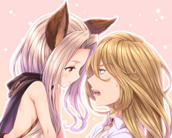 Rule 34 | 1boy, 1girl, animal ears, bare shoulders, black cape, black choker, blue eyes, blush, brown hair, cape, choker, closed mouth, collared jacket, collared shirt, commentary request, dress shirt, erune, eye contact, face-to-face, from side, granblue fantasy, hair between eyes, hair intakes, highres, hood, hood down, hooded cape, jacket, long hair, looking at another, naoise, open mouth, outline, pink background, pink hair, profile, red eyes, scathacha (granblue fantasy), shiny skin, shirt, sidelocks, smile, sweatdrop, tomo (tmtm mf mf), upper body, white outline, wing collar