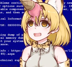 Rule 34 | 10s, 1girl, animal ears, blonde hair, blue background, blue screen of death, bow, bowtie, cat ears, disco brando, empty eyes, food, ice cream, ice cream cone, kemono friends, open mouth, serval (kemono friends), serval print, short hair, signature, sleeveless