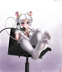 Rule 34 | 1girl, animal ears, bishoujo senshi sailor moon, blush, breasts, feet, highres, medium breasts, mouse ears, purple eyes, sailor iron mouse, sitting, solo, thighhighs, tiara, white hair, white thighhighs