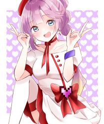 Rule 34 | 1girl, :d, absurdres, anyoji hime, blonde hair, blue eyes, blunt bangs, blush, border, choker, collarbone, commentary, double v, dress, feet out of frame, gradient hair, hat, heart, heart background, highres, knee up, link! like! love live!, long hair, love live!, miracreation/elegance, multi-tied hair, multicolored hair, off-shoulder dress, off shoulder, official alternate costume, open mouth, outside border, pink hair, pixel heart, ponytail, puffy short sleeves, puffy sleeves, purple background, red hat, red ribbon, ribbon, ribbon choker, ririn (ririn 501), short dress, short sleeves, sidelocks, smile, solo, swept bangs, thighhighs, twitter username, two-tone background, v, very long hair, virtual youtuber, white background, white border, white thighhighs