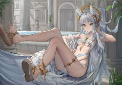 Rule 34 | 1girl, animal ear fluff, animal ears, arknights, barefoot, bikini, breasts, commentary request, crown, feet, flip-flops, full body, highres, horse ears, horse girl, horse tail, laurel crown, long hair, looking at viewer, official alternate costume, platinum (arknights), platinum (shimmering dew) (arknights), sandals, silver hair, soles, swimsuit, tail, white bikini, yuxia (please6)