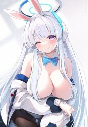 Rule 34 | 1girl, animal ears, ayamy, bare shoulders, black pantyhose, blue archive, blue bow, blue bowtie, blush, bow, bowtie, breasts, detached collar, fake animal ears, grey hair, halo, highres, jacket, large breasts, leotard, long hair, looking at viewer, noa (blue archive), off shoulder, one eye closed, open clothes, open jacket, pantyhose, playboy bunny, purple eyes, rabbit ears, smile, strapless, strapless leotard, very long hair, white jacket, white leotard