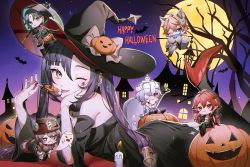Rule 34 | 3boys, 3girls, alternate costume, animal ears, black dress, candle, candy, chibi, cup, diluc (genshin impact), diluc (halloween) (genshin impact), dress, drinking glass, english text, food, full moon, genshin impact, ghost, halloween bucket, halloween costume, happy halloween, haragaita i, hat, highres, holding, holding scythe, hu tao (genshin impact), hu tao (halloween) (genshin impact), lollipop, looking at viewer, mona (genshin impact), mona (halloween) (genshin impact), moon, multiple boys, multiple girls, mummy costume, nail polish, night, night sky, one eye closed, pumpkin, qiqi (genshin impact), qiqi (halloween) (genshin impact), scythe, sky, smile, star (sky), tartaglia (genshin impact), tartaglia (halloween) (genshin impact), tombstone, tongue, tongue out, twintails, vampire costume, witch hat, xiao (genshin impact), xiao (halloween) (genshin impact), zombie