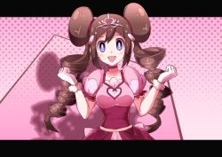 Rule 34 | 1girl, :d, bad id, bad pixiv id, breasts, brown hair, collarbone, commentary request, creatures (company), double bun, dress, drill hair, game freak, gloves, hair bun, hair ornament, hair tie, hands up, highres, long hair, looking at viewer, miyama (yakinikusushi the royal), nintendo, open mouth, pokemon, pokemon bw2, pokestar studios, purple eyes, rosa (pokemon), short sleeves, sidelocks, smile, solo, tiara, tongue, twin drills, white gloves