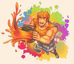 Rule 34 | 1boy, blonde hair, bucket, closed eyes, clothes around waist, granblue fantasy, holding, holding bucket, jacket, jacket around waist, large pectorals, male focus, muscular, muscular male, oneirio, open mouth, orange shirt, paint on body, paint on clothes, paint splatter, paint splatter on face, pants, pectorals, shirt, short hair, smile, solo, twitter username, vane (granblue fantasy), white jacket, white pants