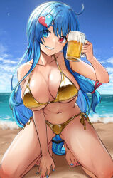 Rule 34 | 1girl, absurdres, ahoge, alcohol, amehare hau, arm between breasts, beach, beer, between breasts, bikini, blue eyes, blue hair, blue nails, blue sky, breasts, cleavage, cloud, collarbone, commentary request, cup, day, gold bikini, grin, hair ornament, heart, heart hair ornament, heterochromia, highres, holding, holding cup, horizon, kneeling, large breasts, long hair, looking at viewer, nail polish, navel, ocean, outdoors, red eyes, red nails, sky, smile, solo, swimsuit, tenneko yuuri, thighs, toenail polish, toenails, voicevox