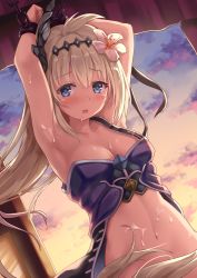 Rule 34 | 10s, 1girl, ahoge, armor, armpits, arms up, bare shoulders, bdsm, blonde hair, blue eyes, blush, bondage, bound, breasts, cleavage, cloud, cuffs, cum, cum on body, cum on breasts, cum on stomach, cum on upper body, dutch angle, eyebrows, flower, granblue fantasy, hair flower, hair ornament, hairband, jeanne d&#039;arc (granblue fantasy), long hair, looking at viewer, medium breasts, navel, restrained, revision, saliva, shackles, sky, solo, stomach, suzuame yatsumi, white flower