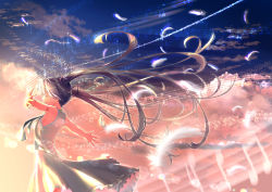 Rule 34 | 1girl, back, bare arms, bare shoulders, beamed eighth notes, bloom, blue sky, cloud, commentary, dress, dusk, eighth note, closed eyes, falling feathers, feathers, floating hair, from side, green eyes, hairband, hatsune miku, highres, long hair, musical note, necktie, open arms, outstretched arms, puriketsu corgy, quarter note, shoulder tattoo, sky, smile, solo, staff (music), sunset, tattoo, twintails, vocaloid, white dress, wind, window