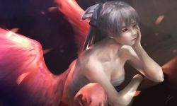 Rule 34 | 1girl, bare arms, bare shoulders, bird wings, black background, blurry, breasts, cleavage, commentary request, depth of field, elbow rest, expressionless, faux traditional media, fujiwara no mokou, hair ribbon, head in hand, head rest, highres, looking away, looking to the side, medium breasts, parted lips, ponytail, red eyes, red lips, ribbon, sarashi, signature, silver hair, solo, thick eyebrows, touhou, wings, yanhomumu