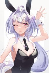 Rule 34 | 1girl, absurdres, ahoge, animal ears, detached sleeves, fate/grand order, fate (series), hair intakes, highres, leotard, long hair, merlin (fate/prototype), necktie, one eye closed, pink eyes, playboy bunny, rabbit ears, rabbit tail, tail, tongue, tongue out, white hair, wrist cuffs, yu sakae