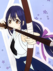 Rule 34 | 1girl, archery, artist name, artist request, blue hair, blue hakama, bow (weapon), female focus, hair between eyes, hakama, hakama short skirt, hakama skirt, holding, holding bow (weapon), holding weapon, japanese clothes, kimono, kyuudou, long hair, long sleeves, looking at viewer, love live!, love live! school idol festival, love live! school idol project, low ponytail, skirt, smile, solo, sonoda umi, standing, weapon, yanai hicurry, yellow eyes