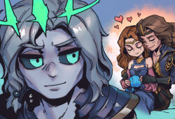 Rule 34 | 1boy, 1girl, bare shoulders, black gloves, black sclera, breasts, brown hair, cleavage, closed mouth, colored sclera, couple, crown, doll, gloves, green eyes, grey hair, gwen (league of legends), heart, holding, holding doll, isolde (league of legends), jacket, king viego, league of legends, long hair, medium breasts, multiple views, official alternate costume, open clothes, open jacket, phantom ix row, short hair, shoulder plates, sitting, smile, viego (league of legends)