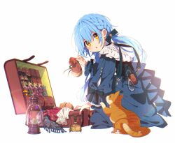 Rule 34 | 1girl, :o, animal, bag, blue bow, blue dress, blue hair, bow, braid, cat, dress, frills, full body, hair between eyes, hair bow, holding, lantern, long sleeves, looking at viewer, looking back, mamyouda, open mouth, original, puffy long sleeves, puffy sleeves, scarf, simple background, sitting, white background, yellow eyes