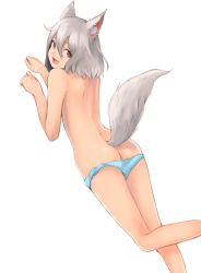 Rule 34 | 1girl, absurdres, animal ears, ass, bad id, bad twitter id, blue panties, butt crack, flat ass, from behind, highres, koretsuki aduma, looking at viewer, looking back, open mouth, original, panties, panty pull, purple eyes, red eyes, simple background, solo, tail, topless, underwear, white background, white hair, wolf ears, wolf tail