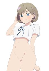 Rule 34 | 1girl, blue eyes, blush, bottomless, breasts, cleft of venus, coro fae, grey hair, highres, looking at viewer, love live!, love live! superstar!!, navel, no panties, parted bangs, pussy, ribbon, school uniform, shirt, short hair, smile, solo, stomach, tang keke, thighs, uniform, white background