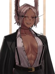 Rule 34 | 1girl, abs, absurdres, alternate hairstyle, animal ears, belt, belt buckle, black jacket, blush, boku no hero academia, breasts, breasts apart, buckle, buttons, collarbone, collared shirt, dark-skinned female, dark skin, ear piercing, eyelashes, gud0c, highres, jacket, looking at viewer, mirko, no bra, open clothes, open shirt, piercing, rabbit ears, rabbit girl, red eyes, shirt, silver hair, slit pupils, smile, solo, tongue, tongue out, wing collar