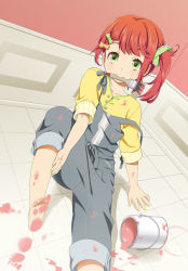 Rule 34 | 1girl, barefoot, dirty, dirty feet, feet, footprints, hair ribbon, mattaku mousuke, mouth hold, original, overalls, paint, paint can, paintbrush, red hair, ribbon, side ponytail, soles, solo, spill, strap slip, tiles, toes
