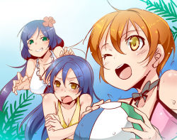 Rule 34 | 10s, 3girls, ;d, ajishio, ball, beachball, bikini, covering privates, covering breasts, green eyes, grin, hoshizora rin, impending grope, lily white (love live!), long hair, love live!, love live! school idol project, multiple girls, one eye closed, open mouth, purple hair, smile, sonoda umi, swimsuit, tojo nozomi, twintails