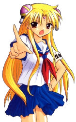 Rule 34 | 00s, 1girl, alternate costume, angry, armband, bare legs, blonde hair, brown eyes, galaxy angel, hair ornament, hairclip, hand on own hip, index finger raised, long hair, looking at viewer, open mouth, ranpha franboise, school uniform, serafuku, simple background, solo, very long hair, white background