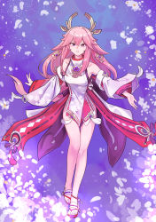 Rule 34 | 1girl, bare legs, bare shoulders, breasts, cherry blossoms, clogs, dress, eyebrows hidden by hair, female focus, full body, genshin impact, hair between eyes, hair ornament, highres, japanese clothes, kimono, long hair, looking at viewer, miko, open mouth, petals, pink hair, purple eyes, ribbon, sleeveless, sleeveless dress, smile, solo, yae miko, yewang19
