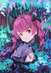 Rule 34 | 1girl, absurdres, animal, animal ears, black bow, blunt bangs, bow, braid, cat, cat ears, dress, extra, green dress, highres, holding, holding animal, holding cat, impressionism, kaenbyou rin, kitten, looking at viewer, multiple cats, nepperoni, pointy ears, red eyes, red hair, smile, tabby cat, touhou, twin braids, whiskers