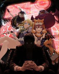 Rule 34 | 1boy, 4girls, ahoge, amai tsutomu, animal ears, animal hood, arm support, bandana, black capelet, black jacket, blonde hair, blue dress, blue eyes, breasts, brown dog, business suit, capelet, chair, check commentary, commentary request, crop top, crossed legs, dark background, debi tarou, demon, demon wings, detached sleeves, dog, dog ears, dog hood, dog tail, dress, evil smile, eyelashes, fangs, flying, flying sweatdrops, formal, frilled skirt, frills, futon, ghost, green skirt, grey hair, hachimiya meguru, hair between eyes, hair ornament, hairclip, hat, highres, holding, holding knife, hood, idolmaster, idolmaster shiny colors, interlocked fingers, jacket, knife, komiya kaho, large breasts, legs, long sleeves, looking at viewer, lying, mamemaru (shiny colors), midair, multiple girls, navel, nose bubble, osaki tenka, puffy short sleeves, puffy sleeves, purple headwear, purple shorts, purple sleeves, red bandana, red hair, screen, serizawa asahi, shaded face, shiba inu, shirt, short hair, short sleeves, shorts, single detached sleeve, single sleeve, sitting, skirt, sleeping, smile, srysry p, stomach, suit, sunglasses, tail, tail wagging, thighhighs, thighs, twintails, v-shaped eyebrows, wavy hair, white shirt, white thighhighs, wings, wrist cuffs