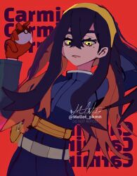 Rule 34 | 1girl, black hair, blue jacket, blue pants, carmine (pokemon), character name, closed mouth, creatures (company), crossed bangs, fanny pack, game freak, gloves, hair between eyes, hairband, highres, holding, holding poke ball, jacket, long hair, looking at viewer, mellot pkmn, mole, mole under eye, multicolored hair, nintendo, pants, partially fingerless gloves, poke ball, poke ball (basic), pokemon, pokemon sv, red background, red gloves, red hair, solo, twitter username, two-tone hair, yellow eyes, yellow hairband