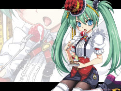 Rule 34 | 1girl, bad id, bad pixiv id, blue eyes, cake, cream, eating, food, fork, frills, fruit, gathers, green hair, hat, hatsune miku, highres, hotori (sion), kneeling, long hair, pantyhose, plate, puffy sleeves, shoes, skirt, solo, strawberry, thighhighs, top hat, twintails, vocaloid, waitress, white thighhighs, zoom layer