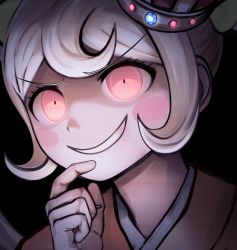 Rule 34 | 1girl, black background, blonde hair, blush stickers, bow, commentary, crown, danganronpa (series), danganronpa 2: goodbye despair, finger to own chin, green bow, grin, hair bow, hair ornament, highres, japanese clothes, kimono, komatsuzaki rui (style), long hair, looking at viewer, official style, portrait, saionji hiyoko, simple background, smile, solo, sozzaydr, twintails