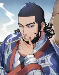Rule 34 | 1boy, bara, beard, blue background, blue eyes, eyelashes, facial hair, foxvulpine, golden kamuy, hand on own chin, japanese clothes, kiroranke, long sideburns, long sleeves, looking at viewer, male focus, one eye closed, pipe in mouth, short hair, sideburns, smoking pipe, solo, thinking, upper body