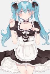 Rule 34 | 1girl, alternate costume, apron, black bow, blue eyes, blue hair, blush, bow, breasts, brown dress, cleavage, collarbone, commentary, dress, enmaided, fingernails, frilled apron, frilled dress, frills, grey background, hair between eyes, hair bow, hands up, hatsune miku, heremia, highres, long hair, looking at viewer, maid, maid headdress, nail polish, parted lips, puffy short sleeves, puffy sleeves, red nails, short sleeves, simple background, slit pupils, small breasts, solo, symbol-only commentary, twintails, very long hair, vocaloid, waist apron, white apron, wrist cuffs