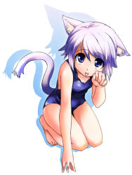 Rule 34 | 1girl, :p, alta, animal ears, barefoot, blue eyes, feet, highres, one-piece swimsuit, original, oruta (owata saber), school swimsuit, short hair, solo, swimsuit, tail, toes, tongue, tongue out, white hair