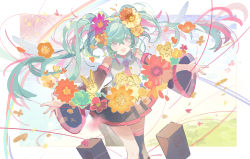 Rule 34 | 1girl, :d, ai kotoba ii (vocaloid), black skirt, black sleeves, black thighhighs, blue flower, blue hair, blush, collared shirt, commentary, detached sleeves, feet out of frame, floating hair, flower, flower request, hair between eyes, hair flower, hair ornament, hatsune miku, heart, highres, long hair, necktie, open hands, open mouth, orange flower, outstretched arms, pink eyes, pink necktie, pleated skirt, purple flower, red flower, satonishi, shirt, single thighhigh, skirt, smile, solo, speaker, thighhighs, twintails, very long hair, vocaloid, white shirt, wide sleeves, yellow flower