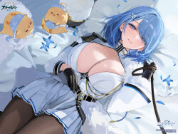 Rule 34 | 1girl, animal, azur lane, bed sheet, belt, bird, black belt, black gloves, black leash, black pantyhose, blue hair, blush, breasts, brown pantyhose, chain, chapayev (azur lane), chick, cleavage, cleavage cutout, closed mouth, clothing cutout, copyright name, copyright notice, flower, fur trim, gloves, hair ornament, hair over one eye, hairclip, half-closed eyes, hat, highres, holding, holding leash, jacket, large breasts, leash, logo, long sleeves, looking at viewer, lying, manjuu (azur lane), medium hair, military hat, miniskirt, mole, mole on breast, momokan (kandume200), non-web source, official art, on back, on bed, pantyhose, peaked cap, petals, pillow, pleated skirt, pov, purple eyes, skirt, swept bangs, thighs, unworn hat, unworn headwear, viewer on leash, white hat, white jacket, white skirt