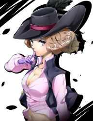 Rule 34 | 10s, 1girl, absurdres, breasts, brown hair, cleavage, ascot, gloves, hat, hat feather, highres, looking at viewer, medium breasts, nakano maru, navel, okumura haru, persona, persona 5, pink eyes, puffy sleeves, purple gloves, solo, unbuttoned, unbuttoned shirt, upper body, vest